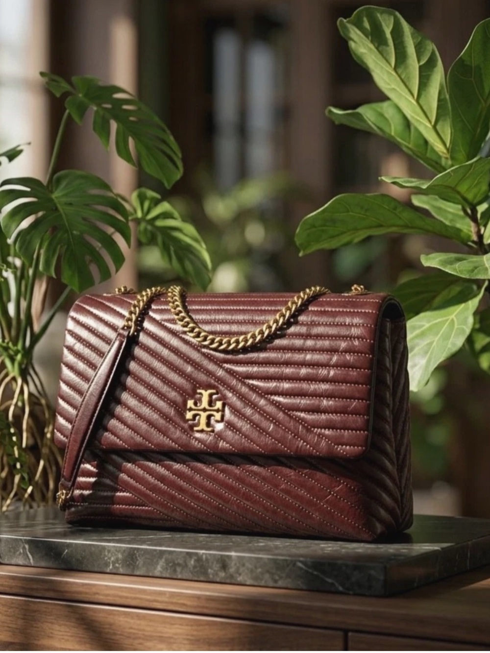 Tory Burch Kira Chevron Glazed Fig Burgundy Convertible Shoulder/Crossbody Bag